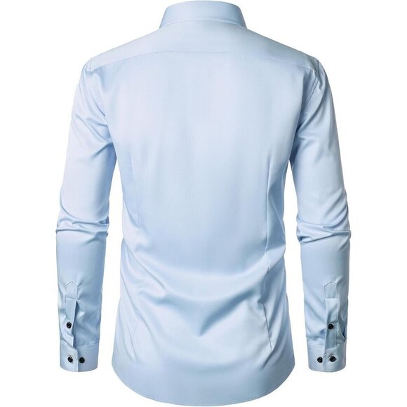 Men's Blue Stretch Wrinkle Shirts Formal Long Sleeve Slim Fit Button Down Shirt - Picture 4 of 7